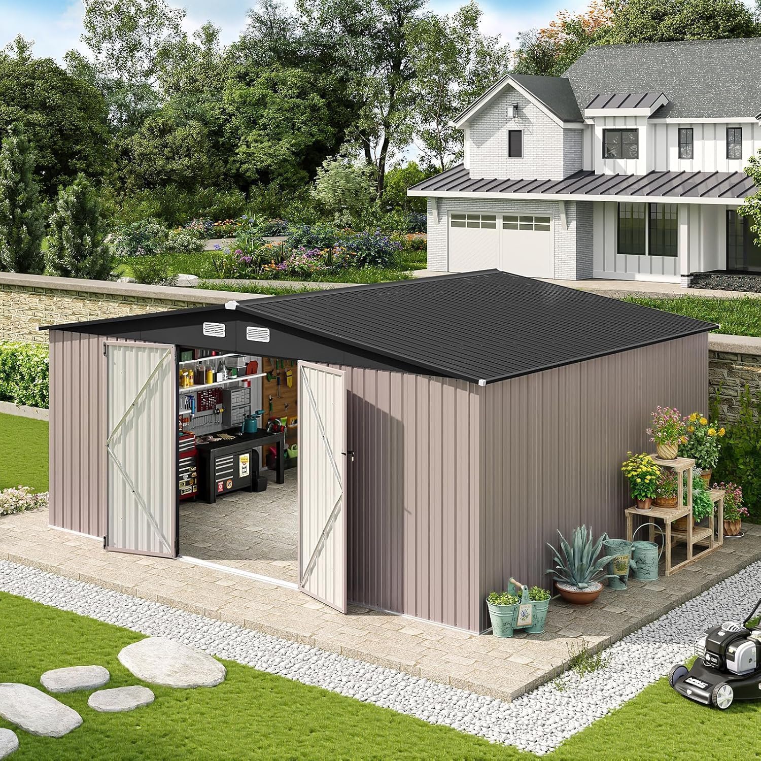 Aoxun 10 x 12 ft Outdoor Storage Shed with Double Hinged Door Utility Garden Shed