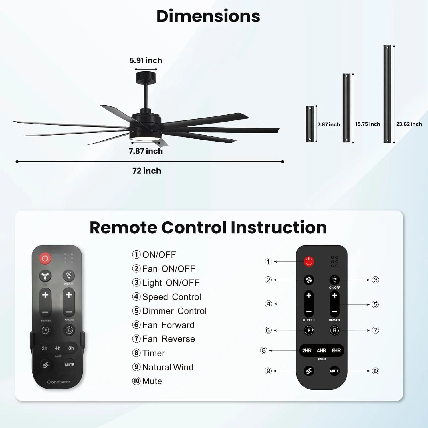 Modern Ceiling Fans with Lights, 72 Inch Ceiling Fan with Light and Remote, Bedroom Living Room Library Cafe Outdoor/Industrial,24W 3CCT Dimmable, 8 Blades 6 Speed Reversible Quiet DC Motor, Black