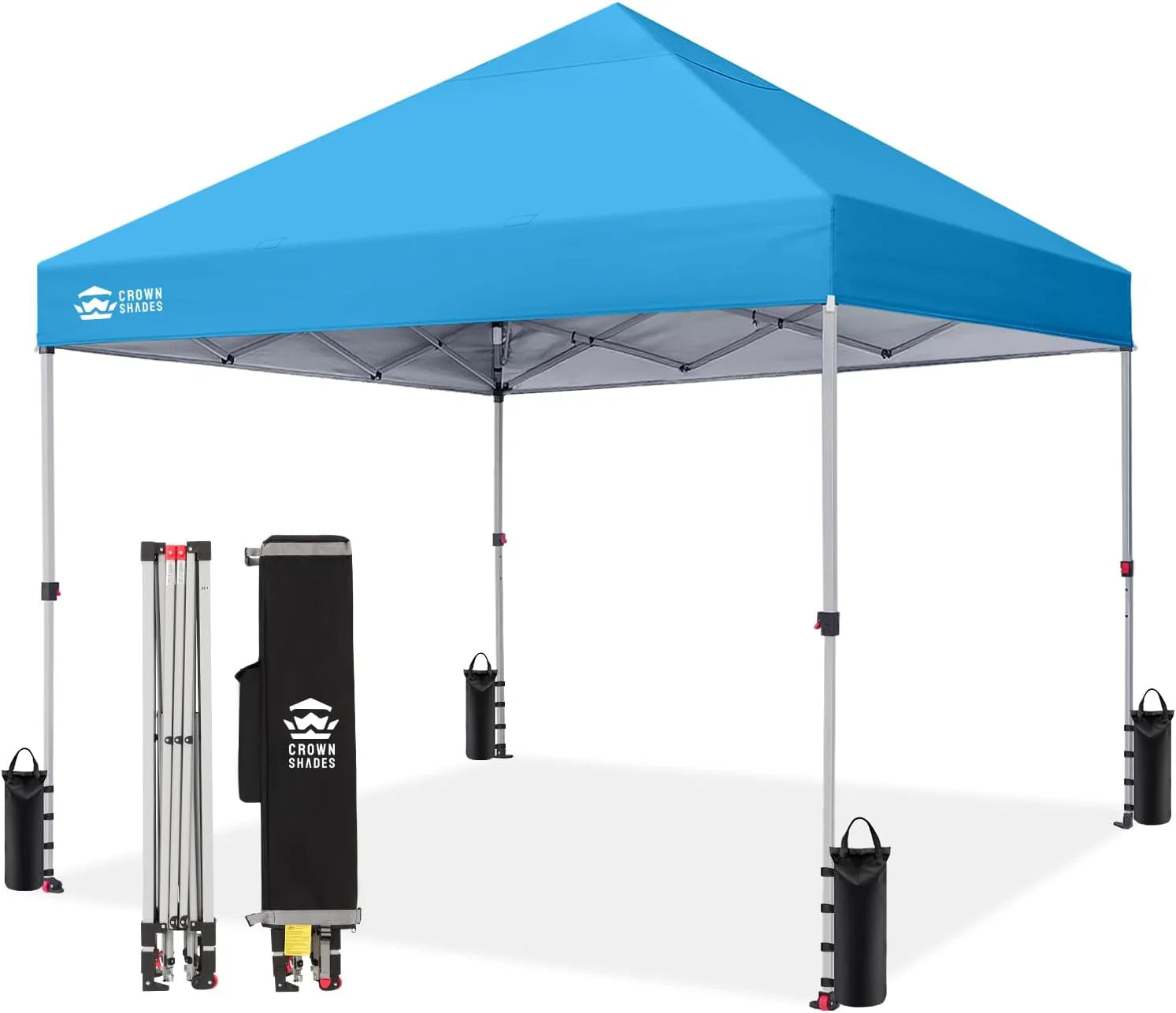 Crown Shades 10x10 Pop Up Canopy - Beach Tent with One Push Setup - Outdoor Sun Shade for Events, Parties, Camping - Gazebo with STO-N-Go Cover Bag, Silver Coated Top, 3 Height& 4 Sand Bags, Yellow