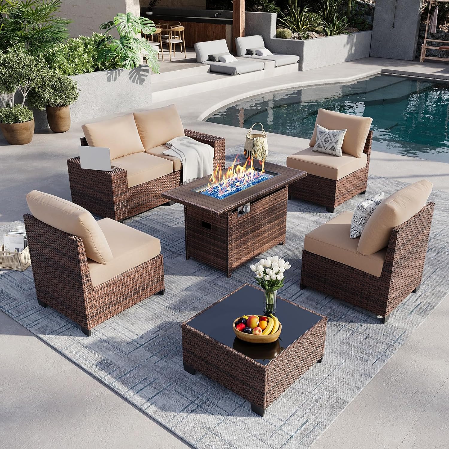 Aoxun 8 Piece Patio Furniture Set with 44?Fire Pit Table Wicker Rattan Outdoor Sectional Sofa Set with Coffee Table and Thickened Cushions, Beige (Waterproof Cover Included)