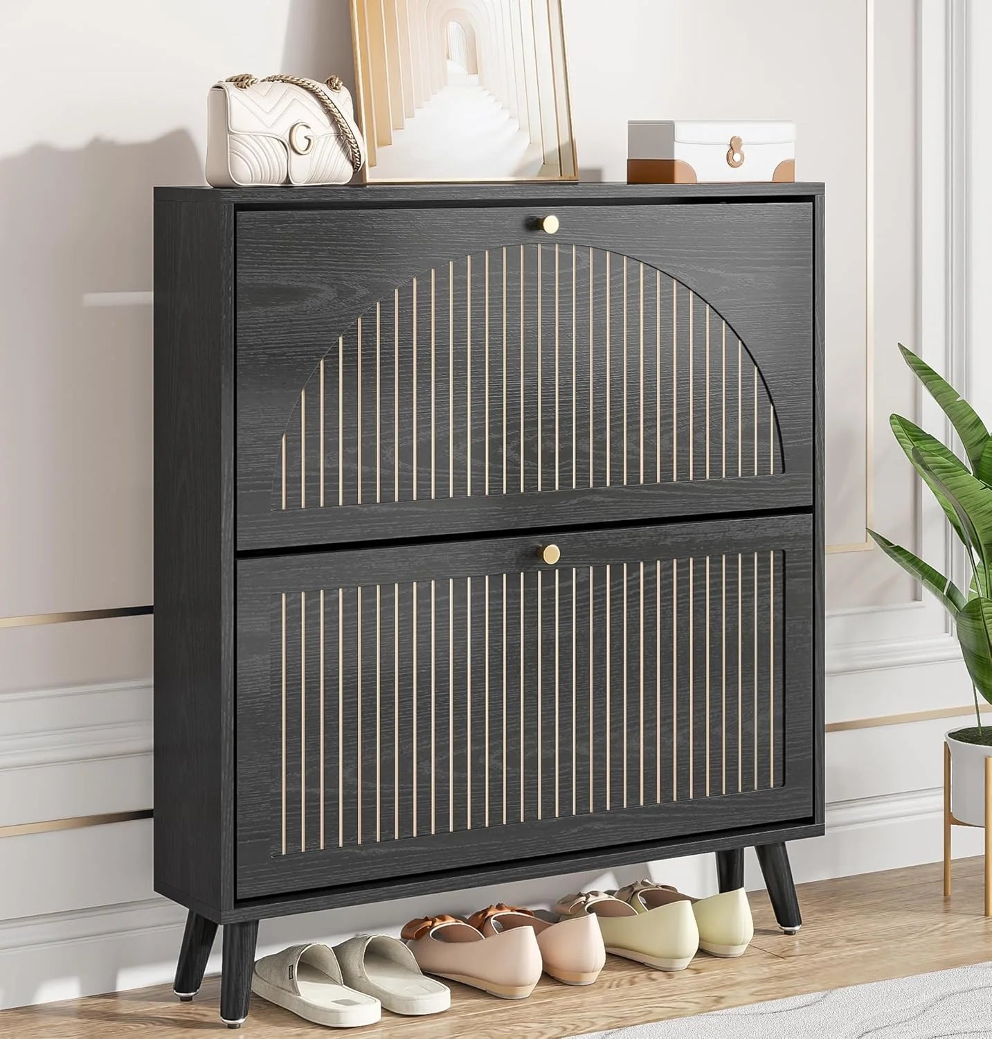 Entrance shoe cabinet with 2 flip-top drawers, narrow wooden shoe cabinet with fluted panels