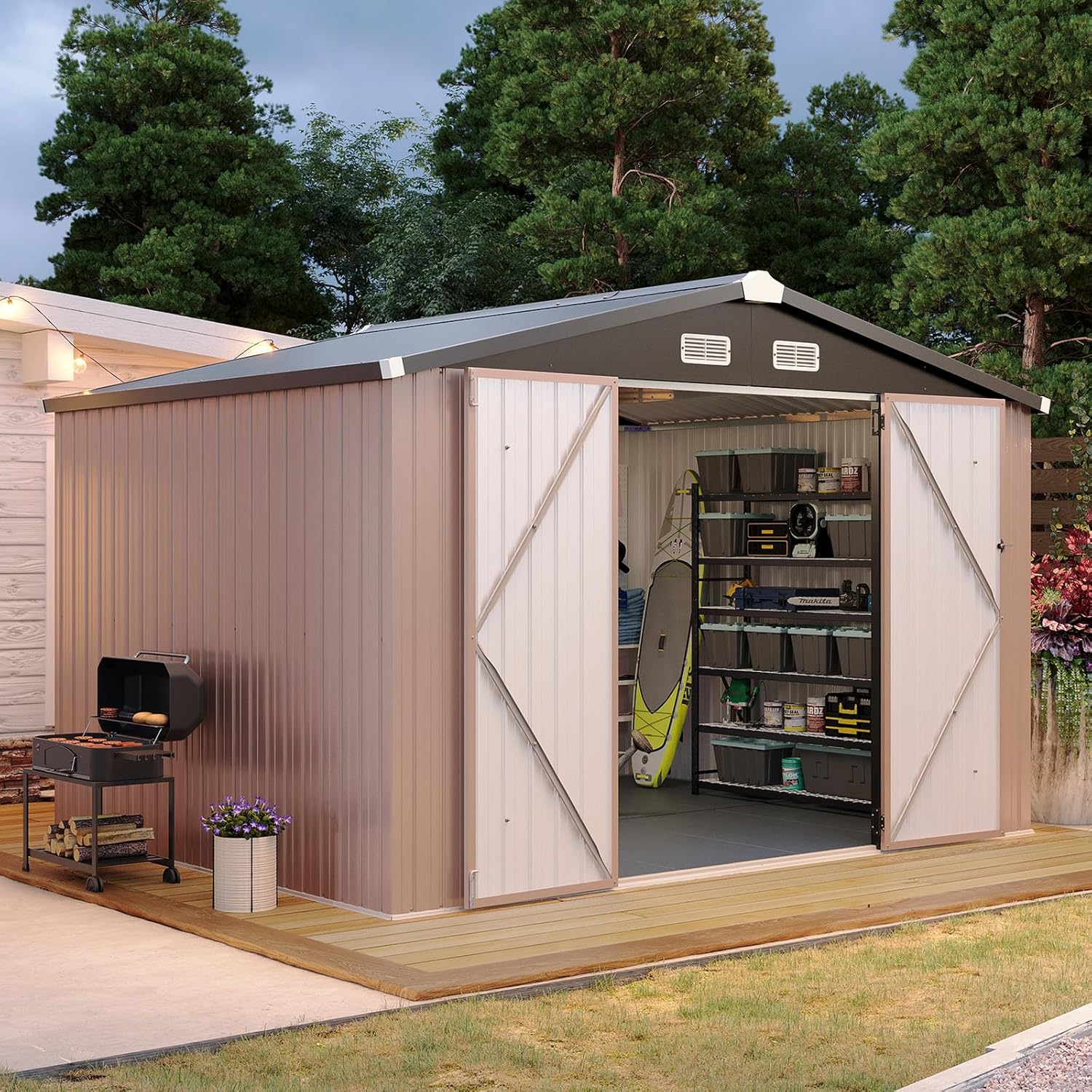 Aoxun 7.4x5.3FT Shed with Floor Galvanized Steel Outdoor Storage Shed Metal Garden Shed