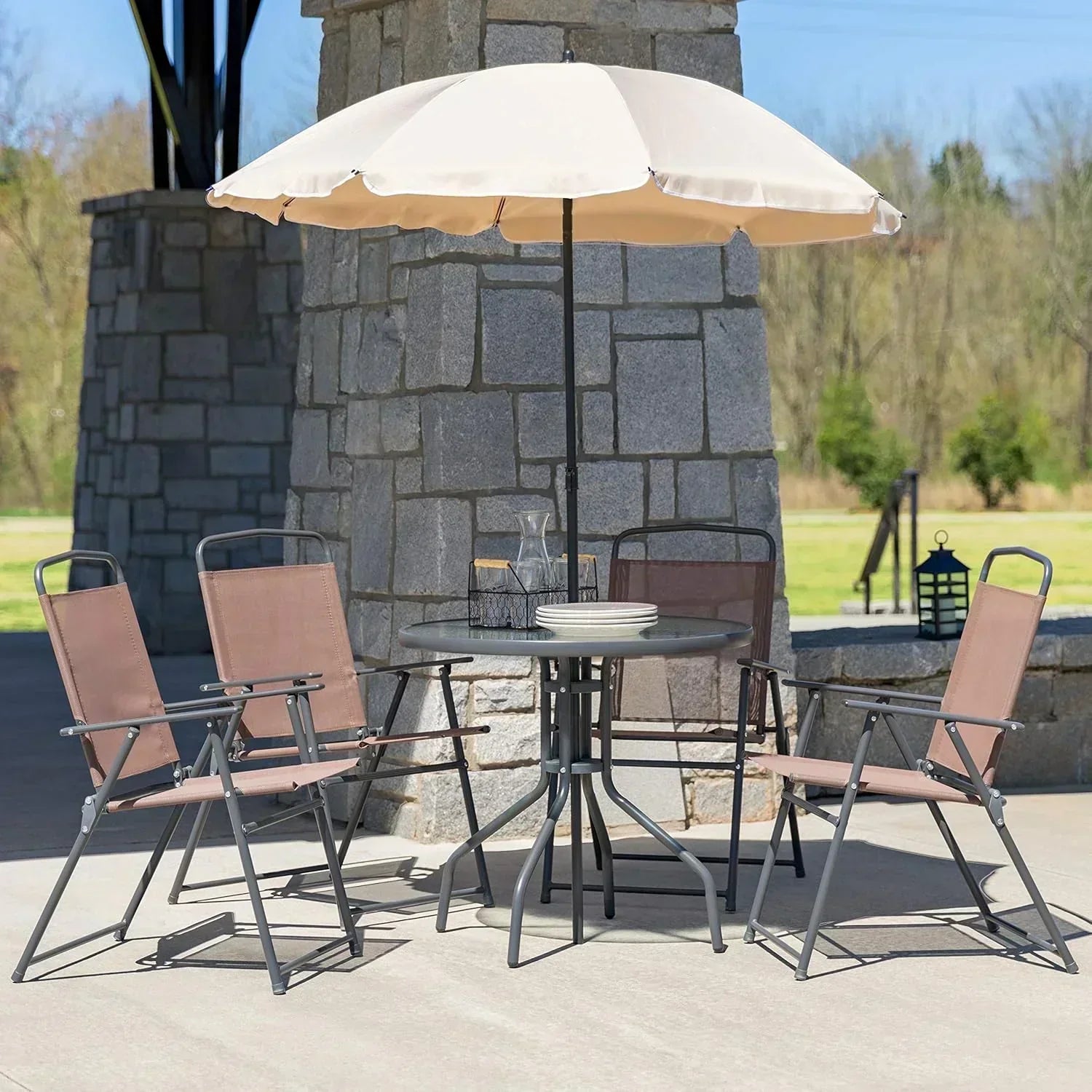 EMMA + OLIVER 6 Piece Brown Patio Garden Set with Umbrella Table Set of 4 Folding Chairs