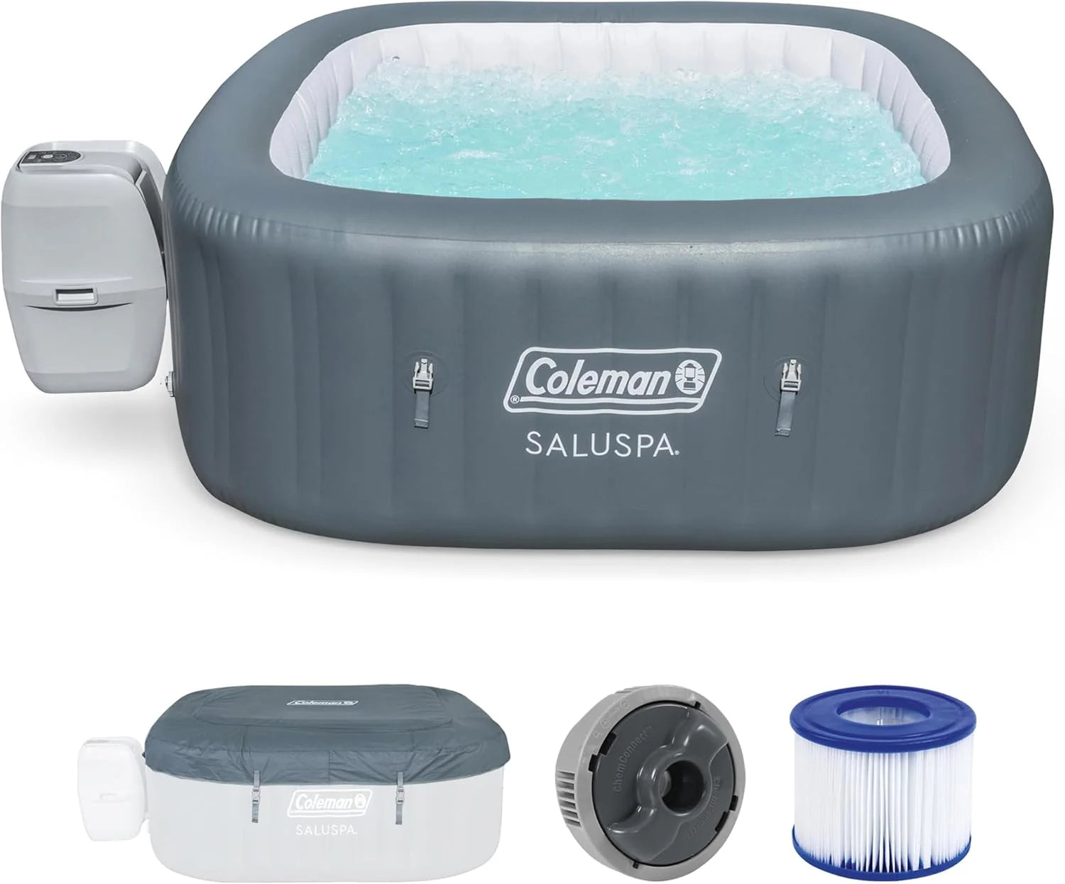 Coleman SaluSpa Atlantis AirJet 4 to 6 Person Inflatable Hot Tub Square Portable Outdoor Spa with 140 Soothing Jets with Cover, Blue