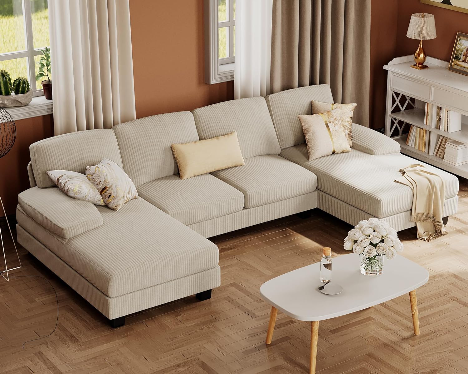 Furmax Sectional Couches for Living Room U-Shaped Sofa Couch Linen Fabric 4 Seat Sofa Set