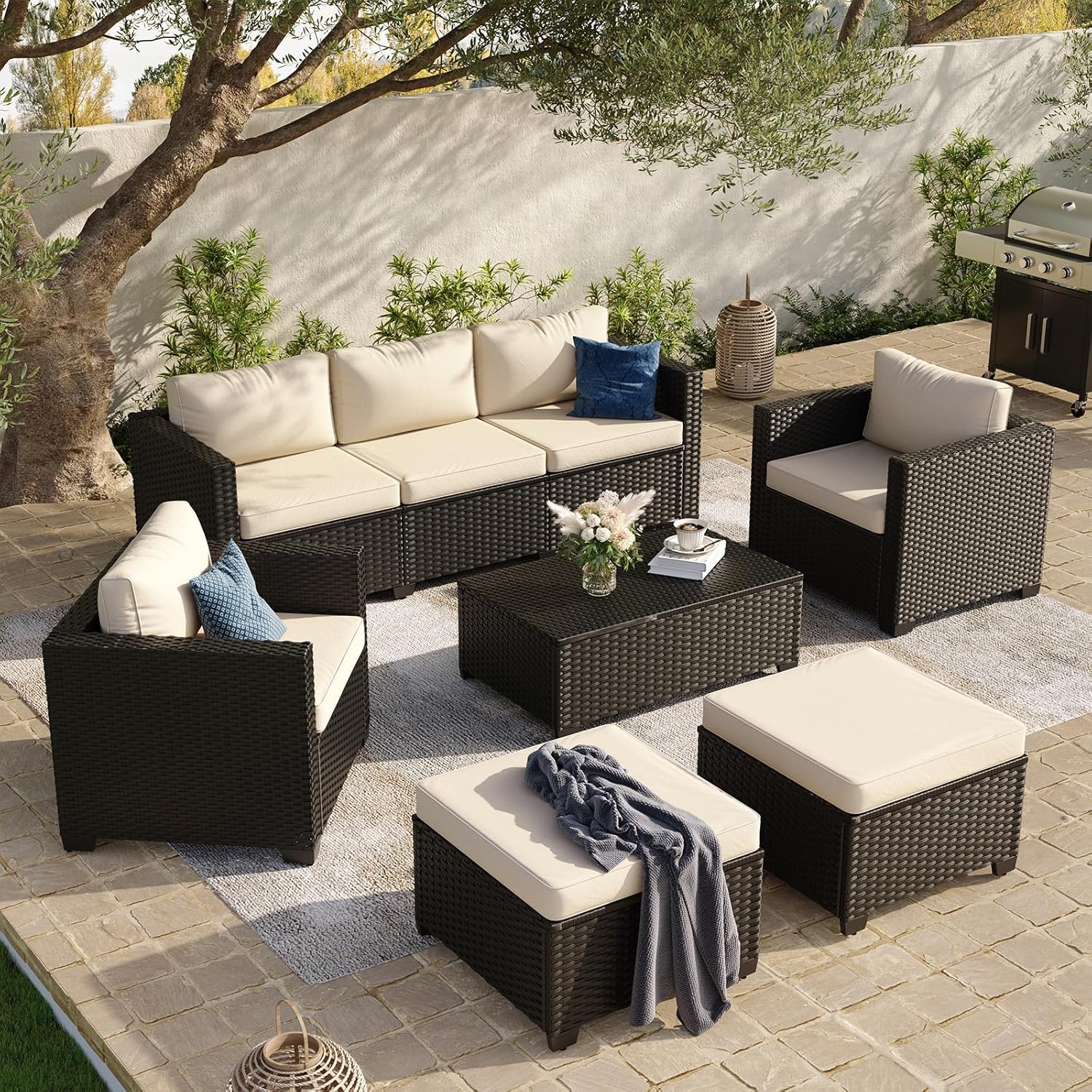 Aoxun 8 Piece Outdoor Patio Furniture Set 7 Seats, Outdoor Sectional with Thick Waterproof Cushions & Storage Coffee Table, Patio Conversation Sets for Garden,Backyard, Porch, Balcony, Deck, Beige