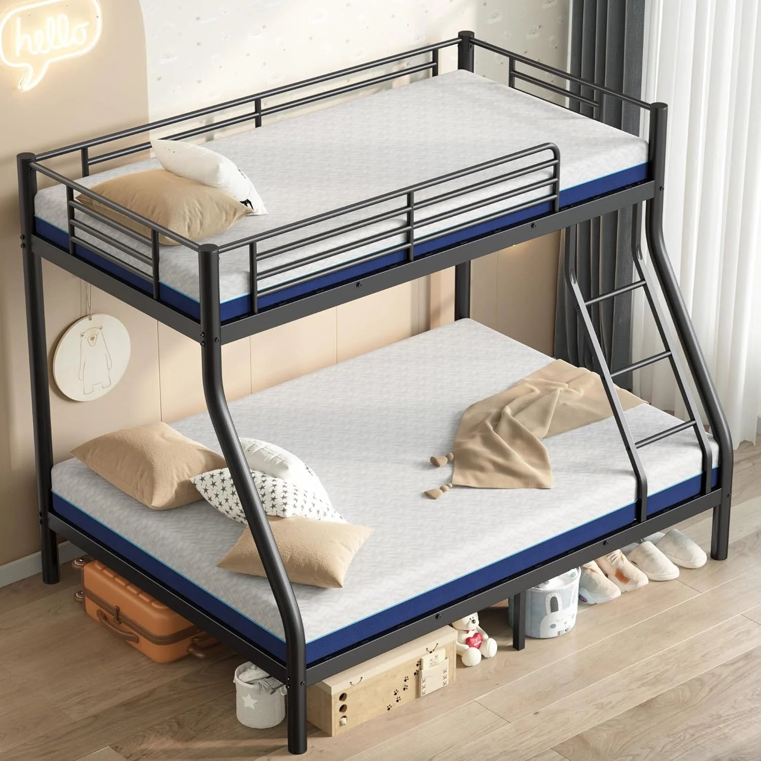 Cyranture Bunk Beds Twin Over Full Size Heavy Duty Bunk Beds Guardrail Metal Bunk Bed Frame