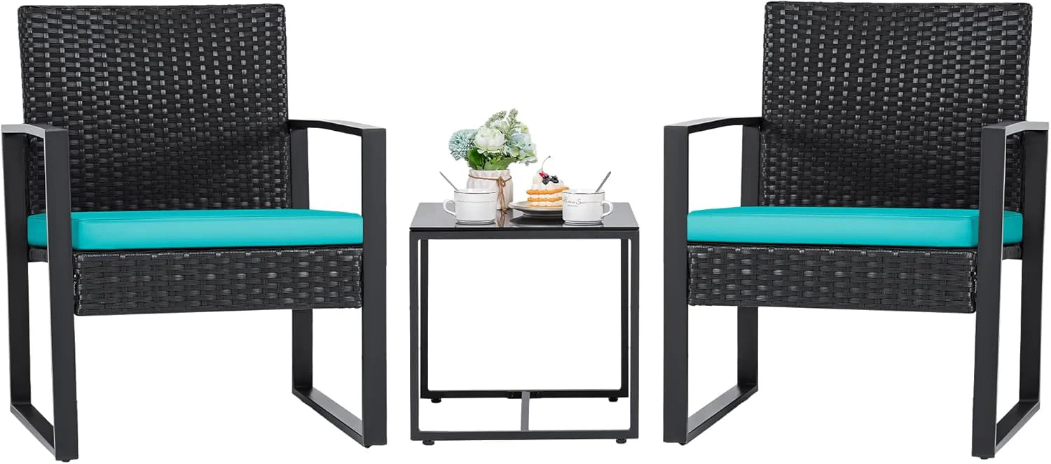 Flamaker 3 Pieces Outdoor Patio Wicker Furniture Set, Modern Rattan Chair Conversation Sets with Coffee Table for Yard and Bistro (Black)