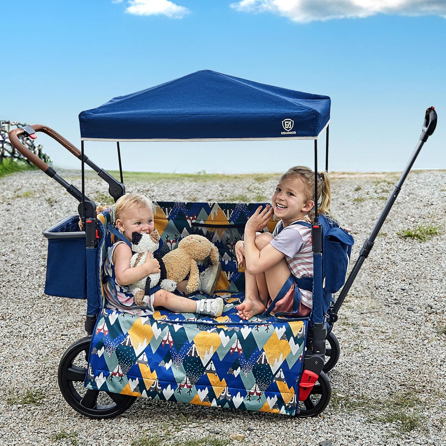 EVER ADVANCED Side-unzip Wagon Stroller for 2 Kids, Push Pull Stroller with Adjustable Handle, Easy Access Front Zipper Door, 5-Point Harness Removable UV-Protection Canopy Shock-Absorbing Wheels,Grey