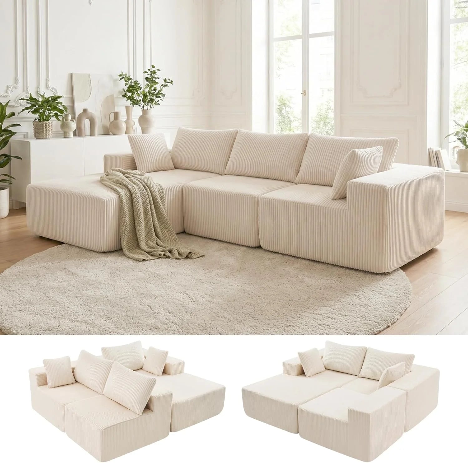 DUMOS 108 Boneless Couch, Cloud Sectional Couch with L-Shape Chaise, Modular Sectional Sofa with Deep Seat, Upholstered Couch for Living Room Bedroom, No Assembly Required (Beige, Left Facing Chaise)