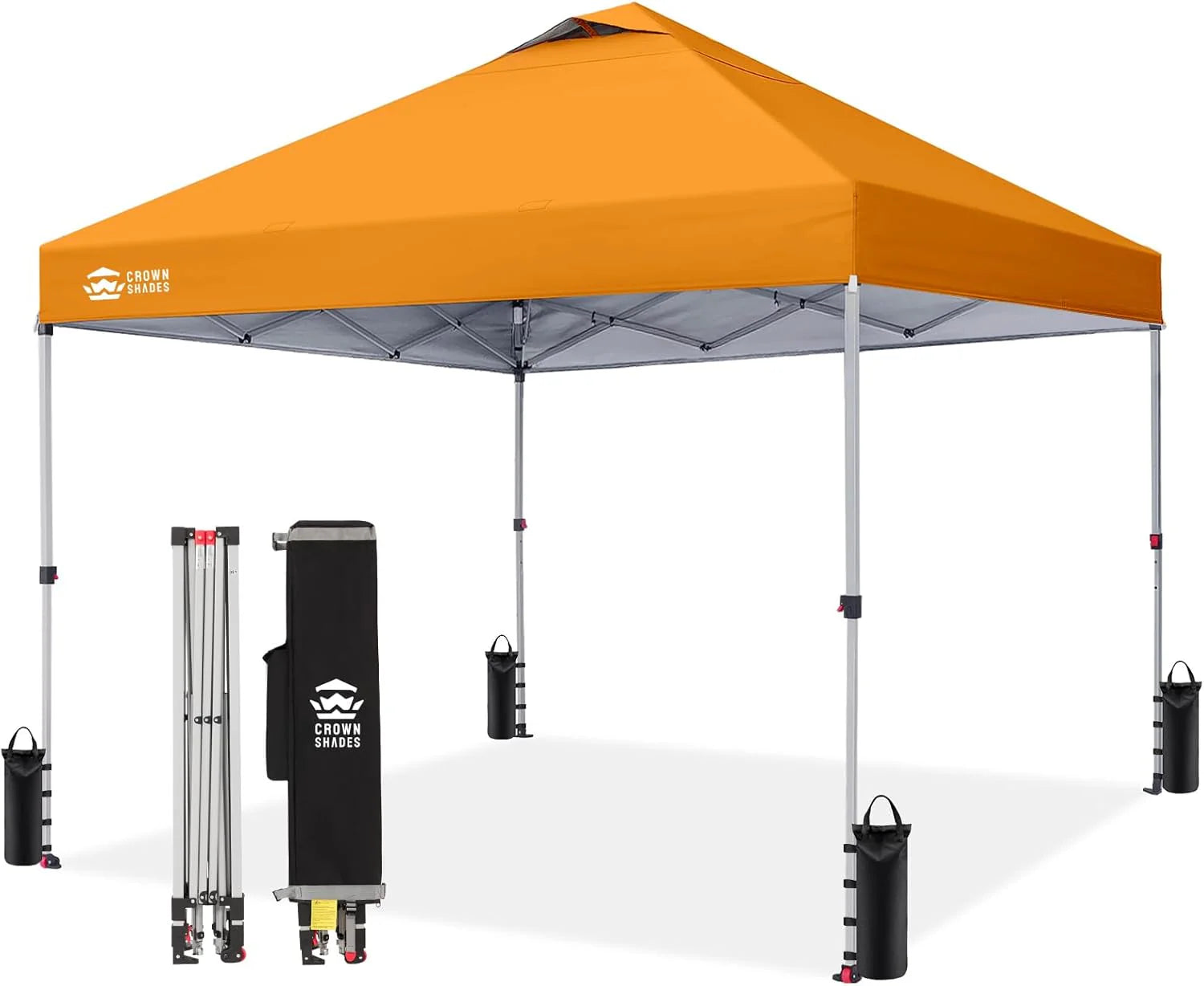 Crown Shades 10x10 Pop Up Canopy - Beach Tent with One Push Setup - Outdoor Sun Shade for Events, Parties, Camping - Gazebo with STO-N-Go Cover Bag, Silver Coated Top, 3 Height& 4 Sand Bags, Yellow
