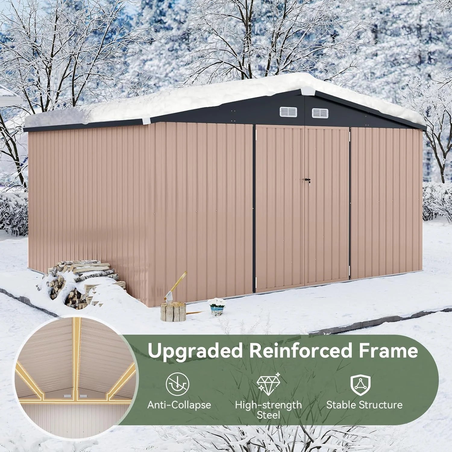 Aoxun 12x10 FT Shed Metal Outdoor Waterproof Storage Shed Steel Utility Garden Tool Shed with Door & Lock Outdoor Storage for Garden Patio Lawn Poolside, Brown