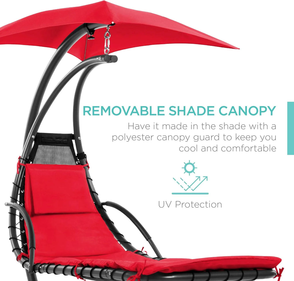 Best Choice Products Outdoor Hanging Curved Steel Chaise Lounge Chair Swing w/Built-in Pillow and Removable Canopy - Charcoal Gray