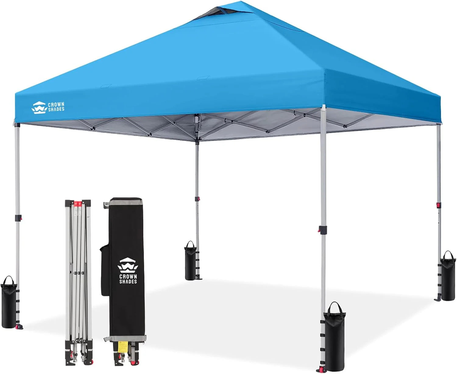 Crown Shades 10x10 Pop Up Canopy - Beach Tent with One Push Setup - Outdoor Sun Shade for Events, Parties, Camping - Gazebo with STO-N-Go Cover Bag, Silver Coated Top, 3 Height& 4 Sand Bags, Yellow