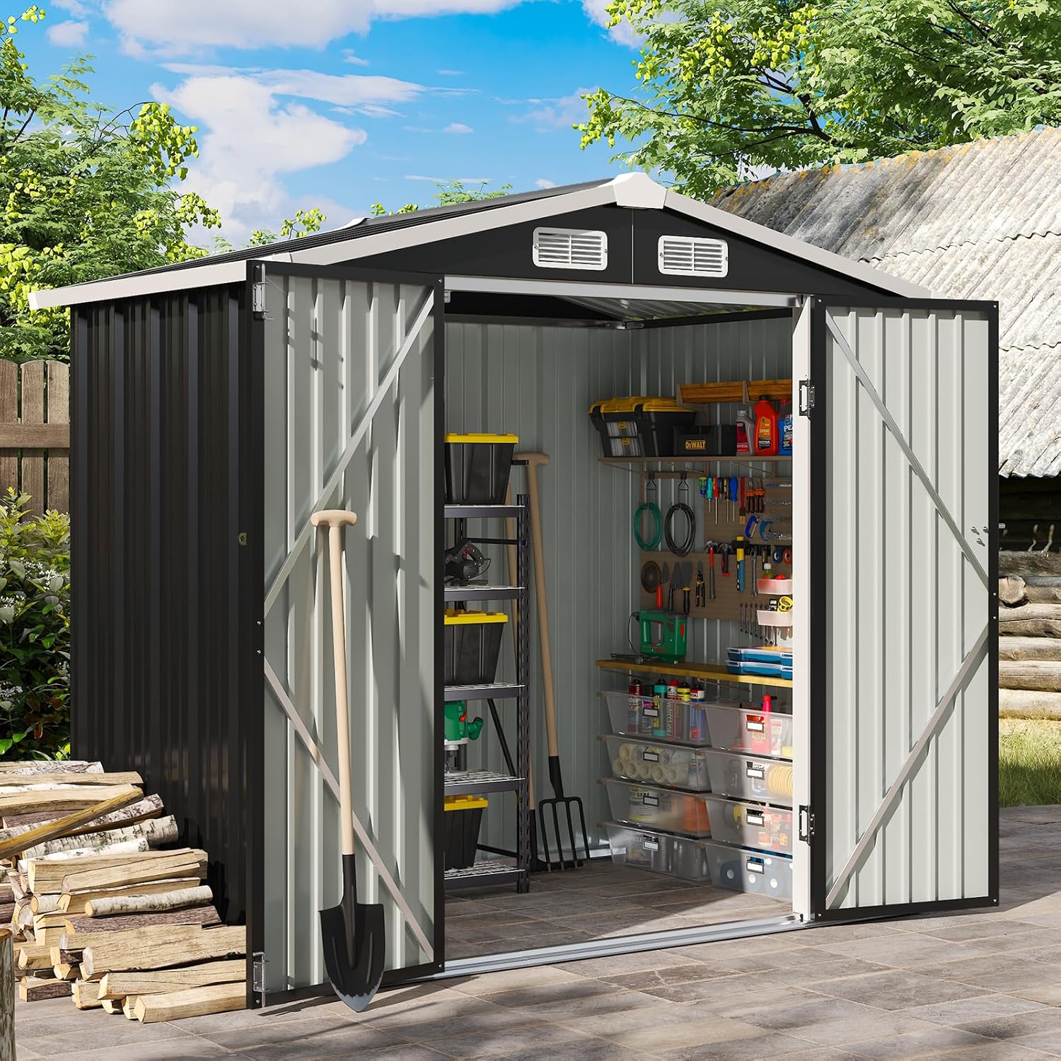 Aoxun 6.2x4 FT Shed Outdoor Storage Shed with Lockable Doors Sloping Roof Metal Garden