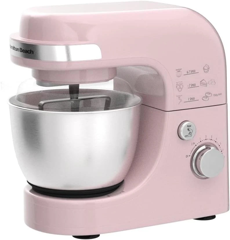 Hamilton Beach Electric Stand Mixer, 4 Quarts, Dough Hook, Flat Beater Attachments, Splash Guard 7 Speeds with Whisk, Black