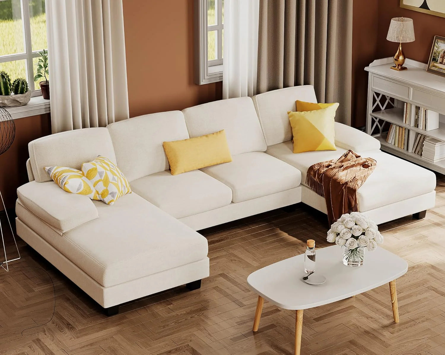 Furmax Sectional Couches for Living Room U-Shaped Sofa Couch Linen Fabric 4 Seat Sofa Set