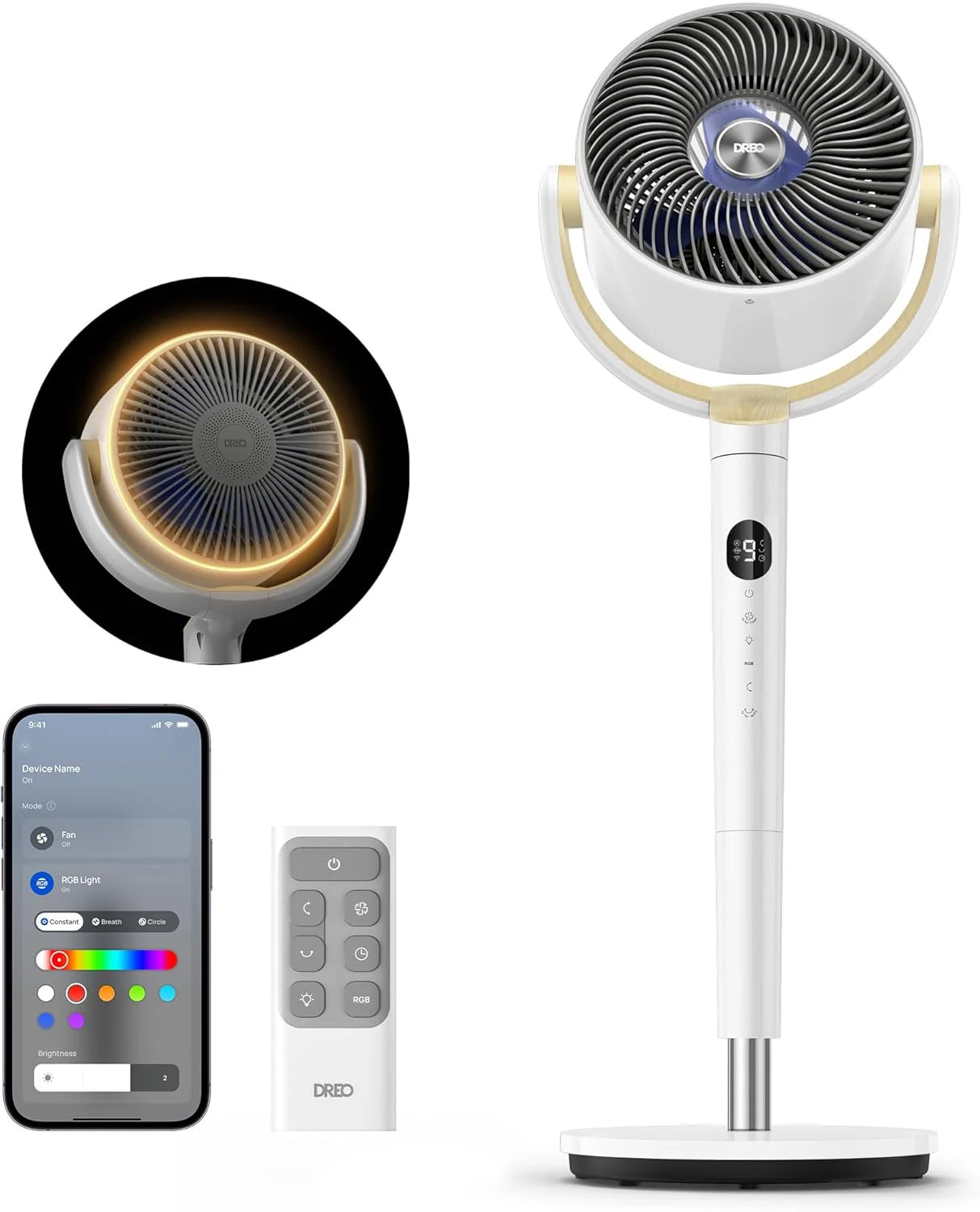 DREO Smart Fan for Bedroom, 120° +120° Omni-Directional Oscillating Fans, 100ft Quiet Pedestal Fan with RGB Light, 9 Speeds, 6 Modes, 20dB, 8H Timer, Wi-Fi/Voice/Alexa, 37-42 Floor Fans with Remote