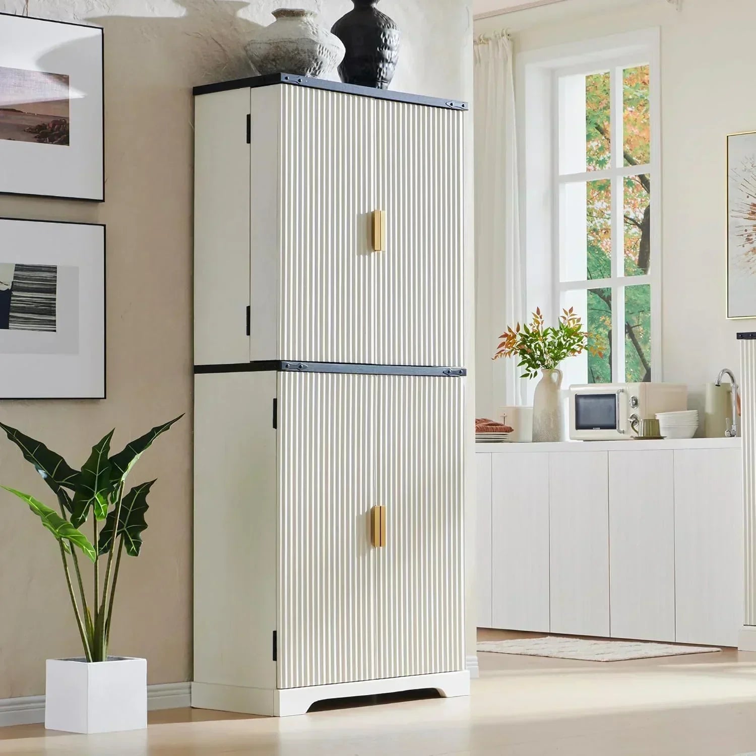 Fluted Pantry Cabinet 72 Tall Modern Storage Cabinet with 4 Doors Organizer Drawer