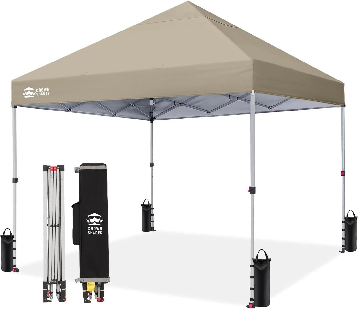 Crown Shades 10x10 Pop Up Canopy - Beach Tent with One Push Setup - Outdoor Sun Shade for Events, Parties, Camping - Gazebo with STO-N-Go Cover Bag, Silver Coated Top, 3 Height& 4 Sand Bags, Yellow