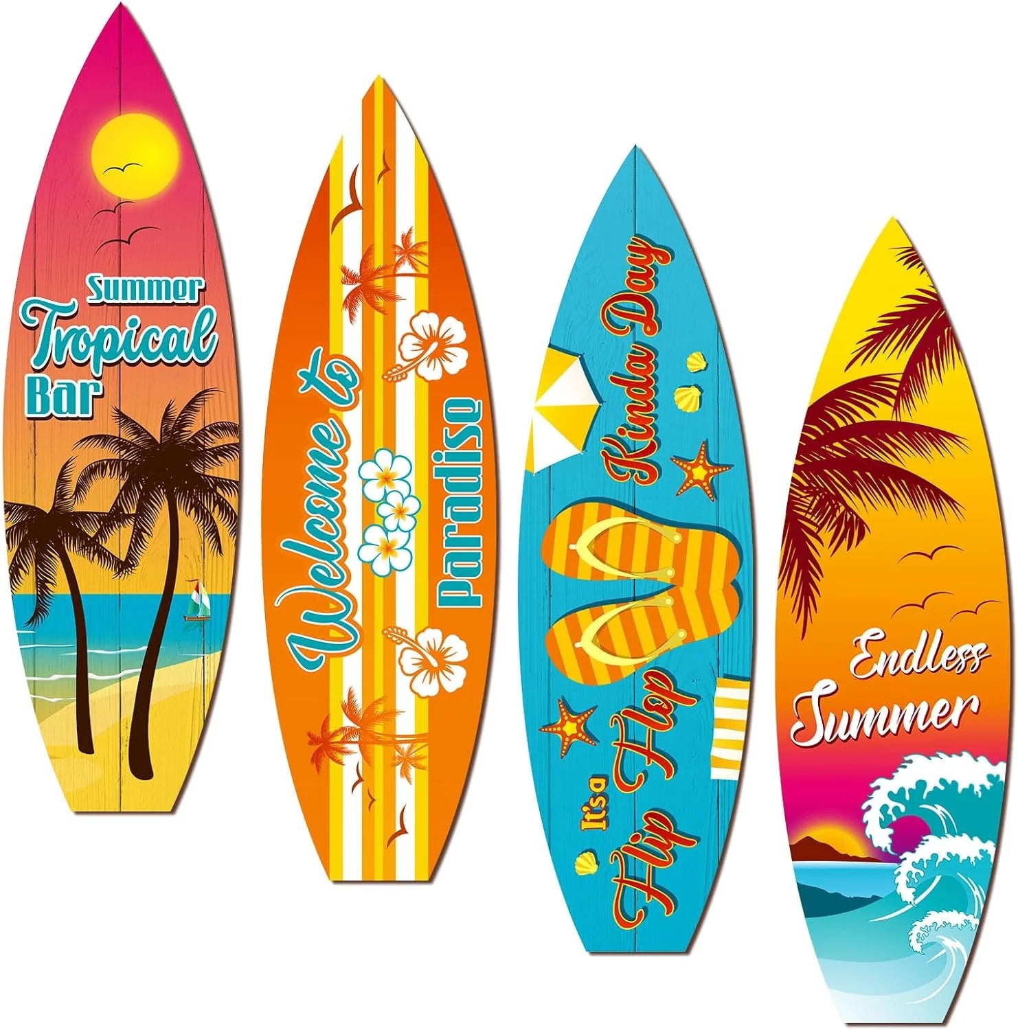 Blulu 4 Pcs Surfboard Wall Decor Surfboard Wall Hanging Sign Wooden Beach Decoration Summer Theme Decor Hawaiian Luau Party Decoration for Home Bar Aloha Tropical Birthday Party(Tiki)