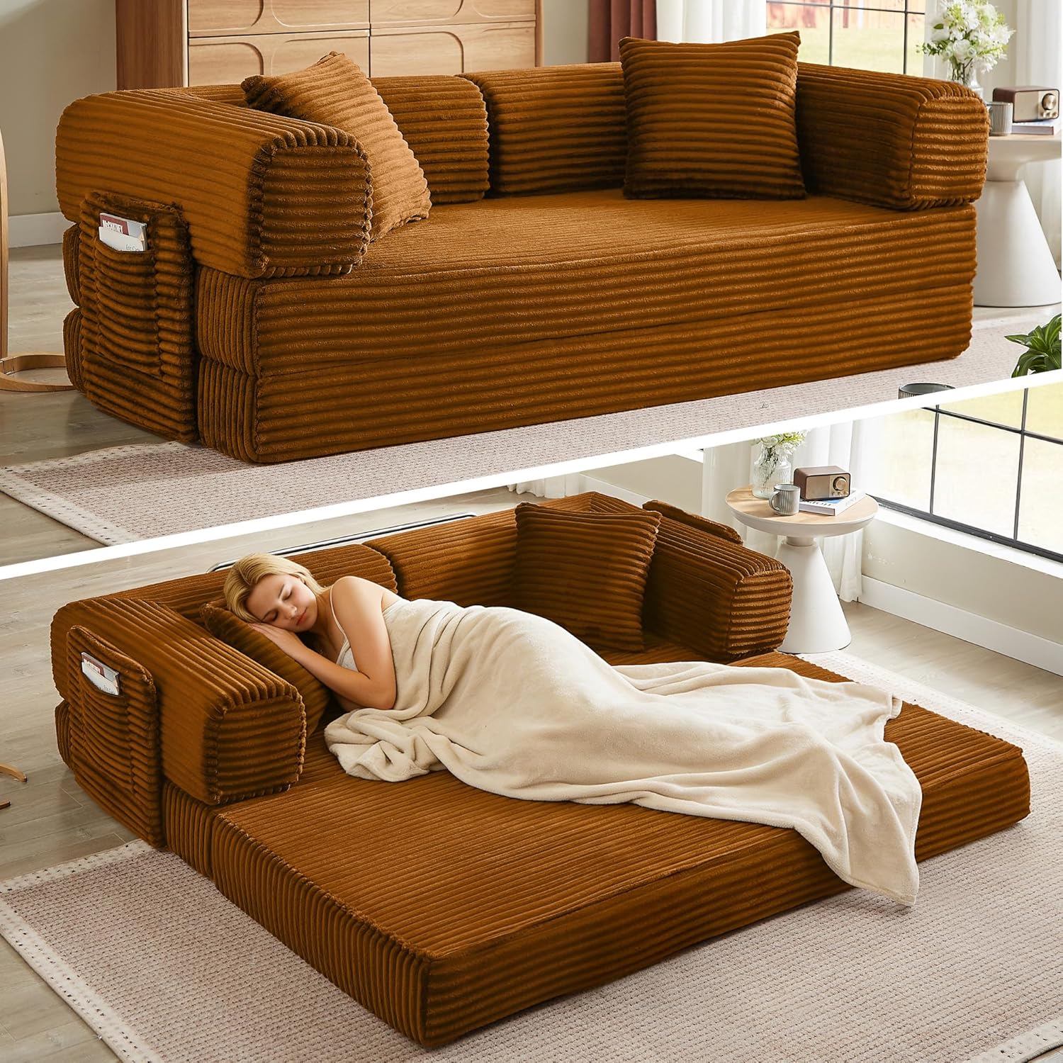 Boneless Couch Folding Couches for Living Room Sofa, Futon Sofa Bed with Sleeper Sofa, Futon Couch with Fixed-Shape Oversized Corduroy Upholstered (White, 81 Inches)