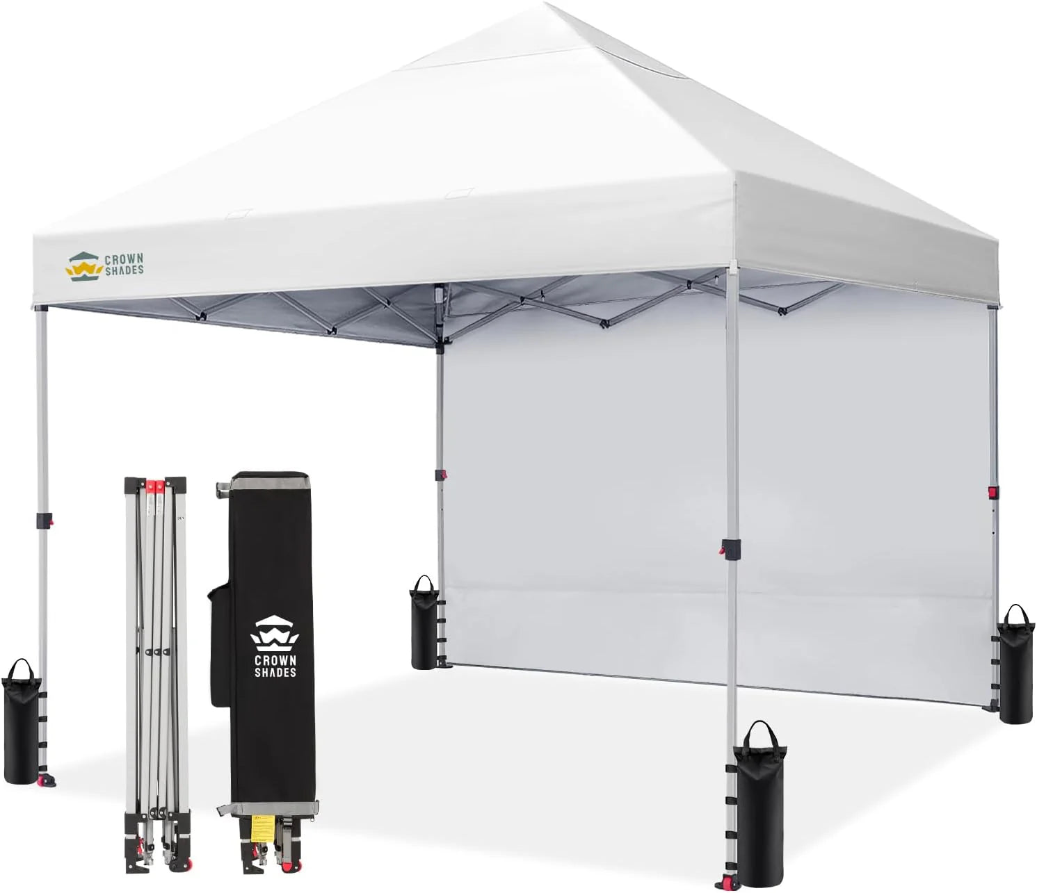 CROWN SHADES 10x10 Pop Up Canopy with 1 Side Wall - Beach Tent with One Push Setup - Outdoor Sun Shade for Events, Parties, Camping - Gazebo with STO-N-Go Cover Bag (White)