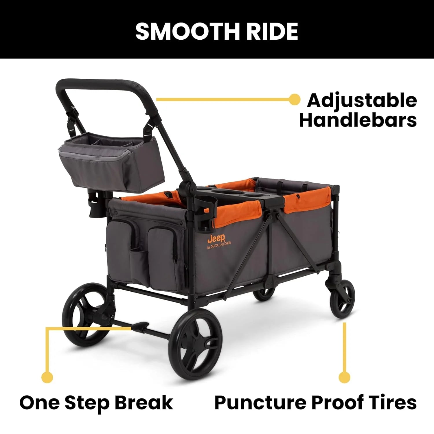 Jeep Sport All-Terrain Stroller Wagon by Delta Children - Includes Canopy, Parent Organizer, Adjustable Handlebar, Snack Tray & Cup Holders, Grey/Olive Green