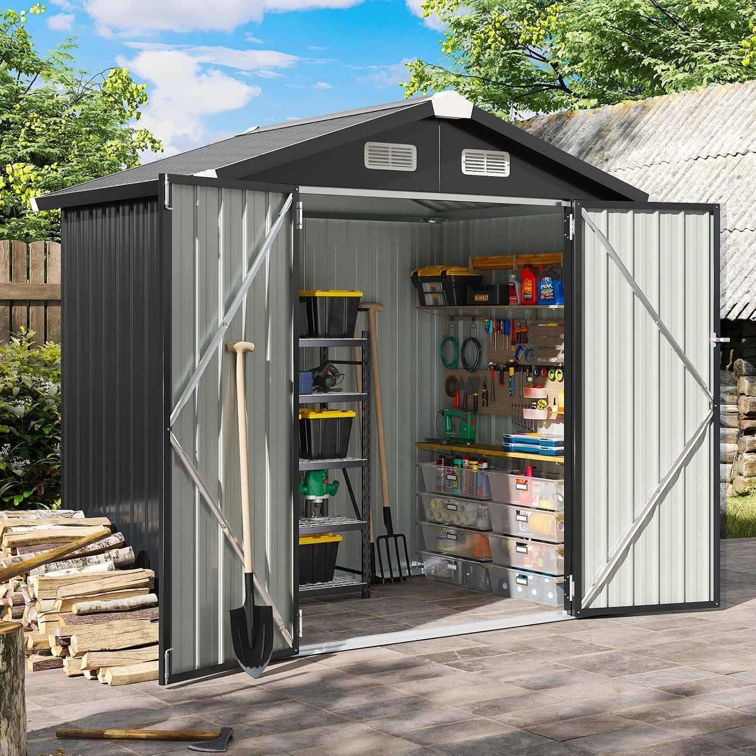 Aoxun 6.2x4 FT Shed Outdoor Storage Shed Metal Garden Shed Sloping Roof Tool Shed Bike Shed