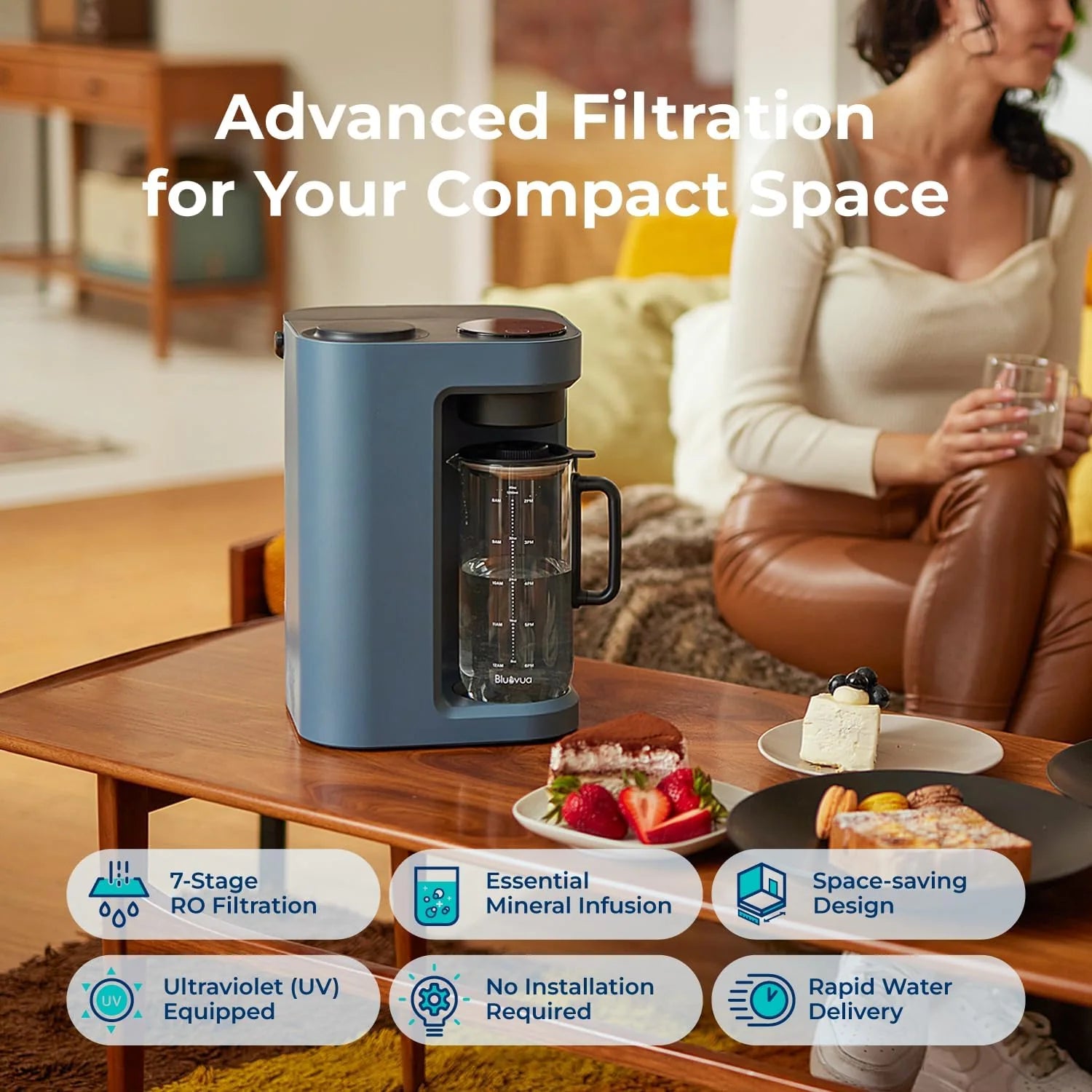 Bluevua RO100ROPOT-Lite(UV) reverse osmosis system countertop water purifier, 7-stage purification, with UV and remineralization functions, TDS and filter life monitoring