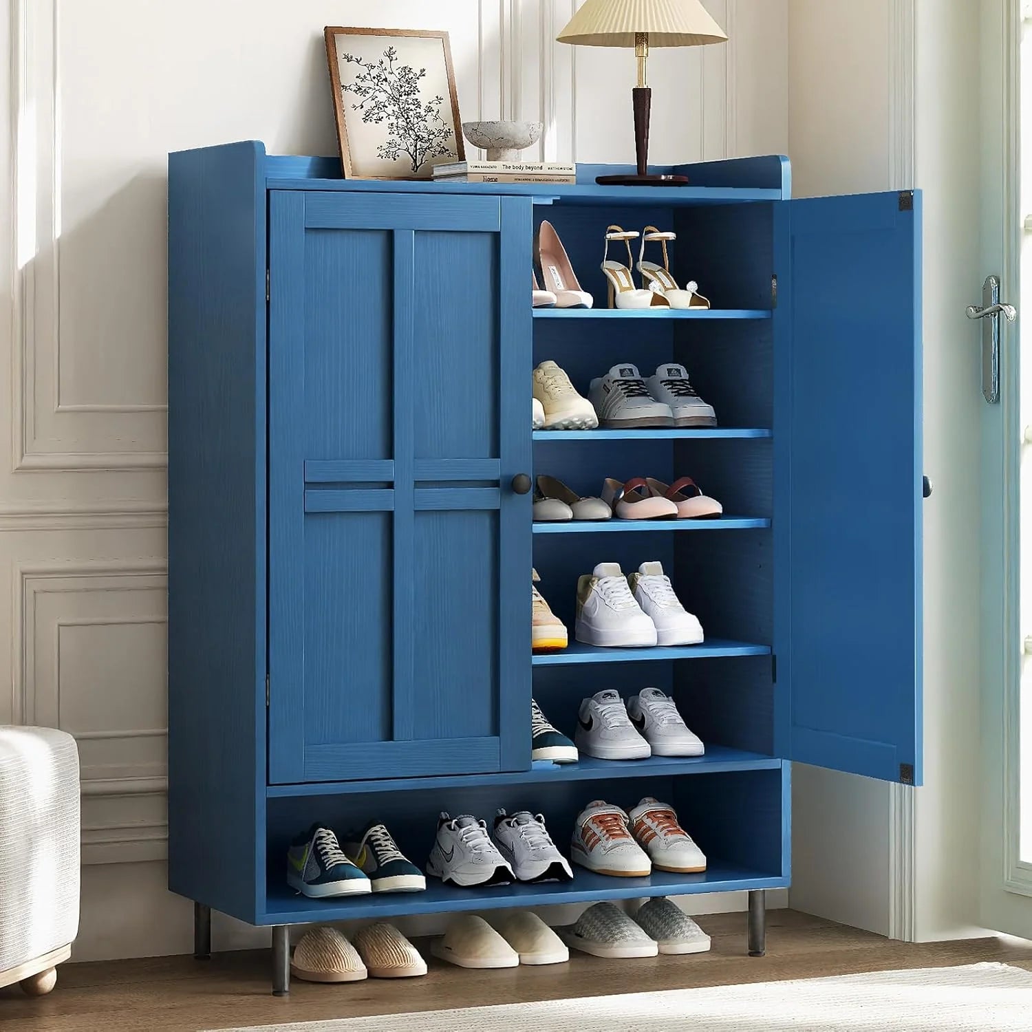 Black 7+1 Tier Farmhouse Shoe Storage Cabinet - 45 Tall Entryway Organizer