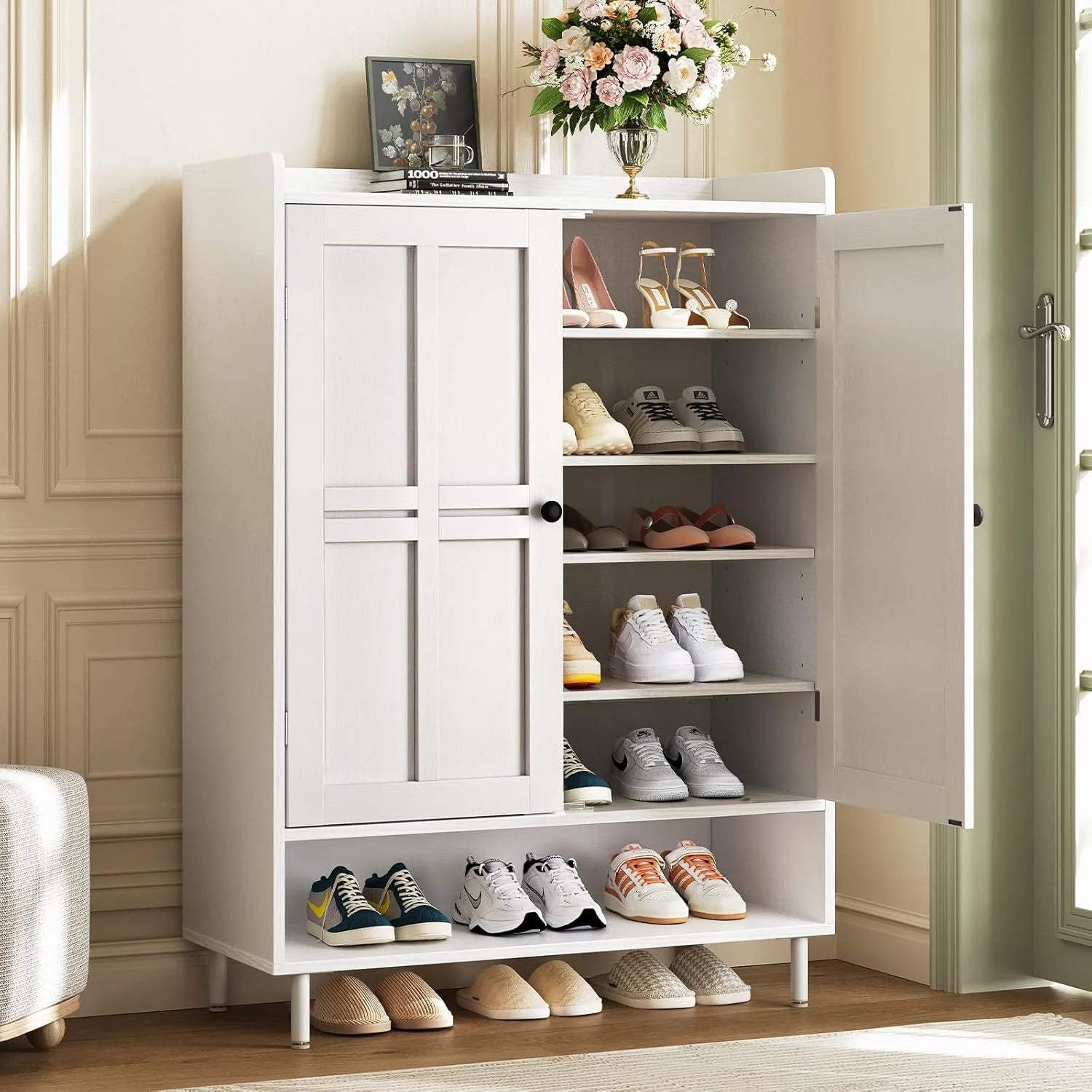Black 7+1 Tier Farmhouse Shoe Storage Cabinet - 45 Tall Entryway Organizer