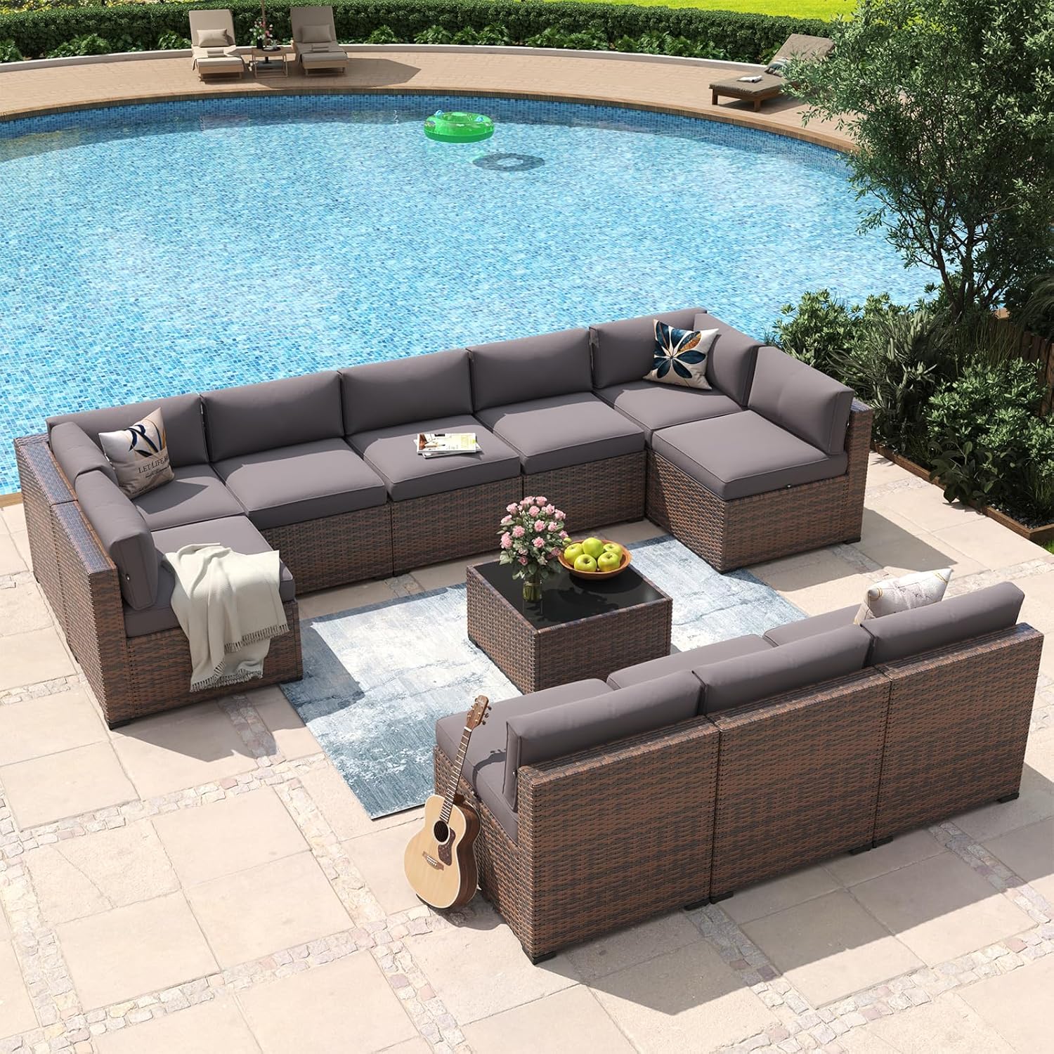 Aoxun 8 Piece Patio Furniture Set with 44?Fire Pit Table Wicker Rattan Outdoor Sectional Sofa Set with Coffee Table and Thickened Cushions, Beige (Waterproof Cover Included)