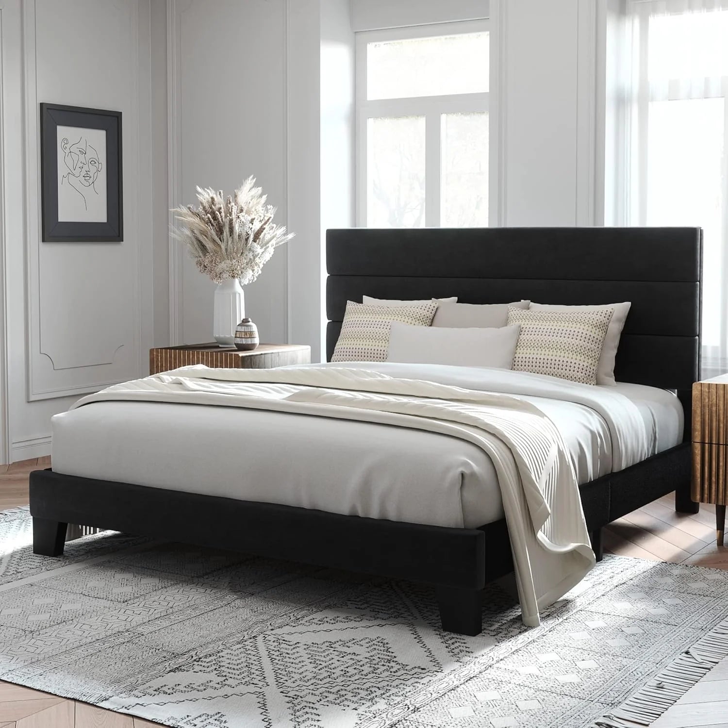 Allewie Queen Size Platform Bed Frame Fabric Upholstered Headboard Wooden Slats Support