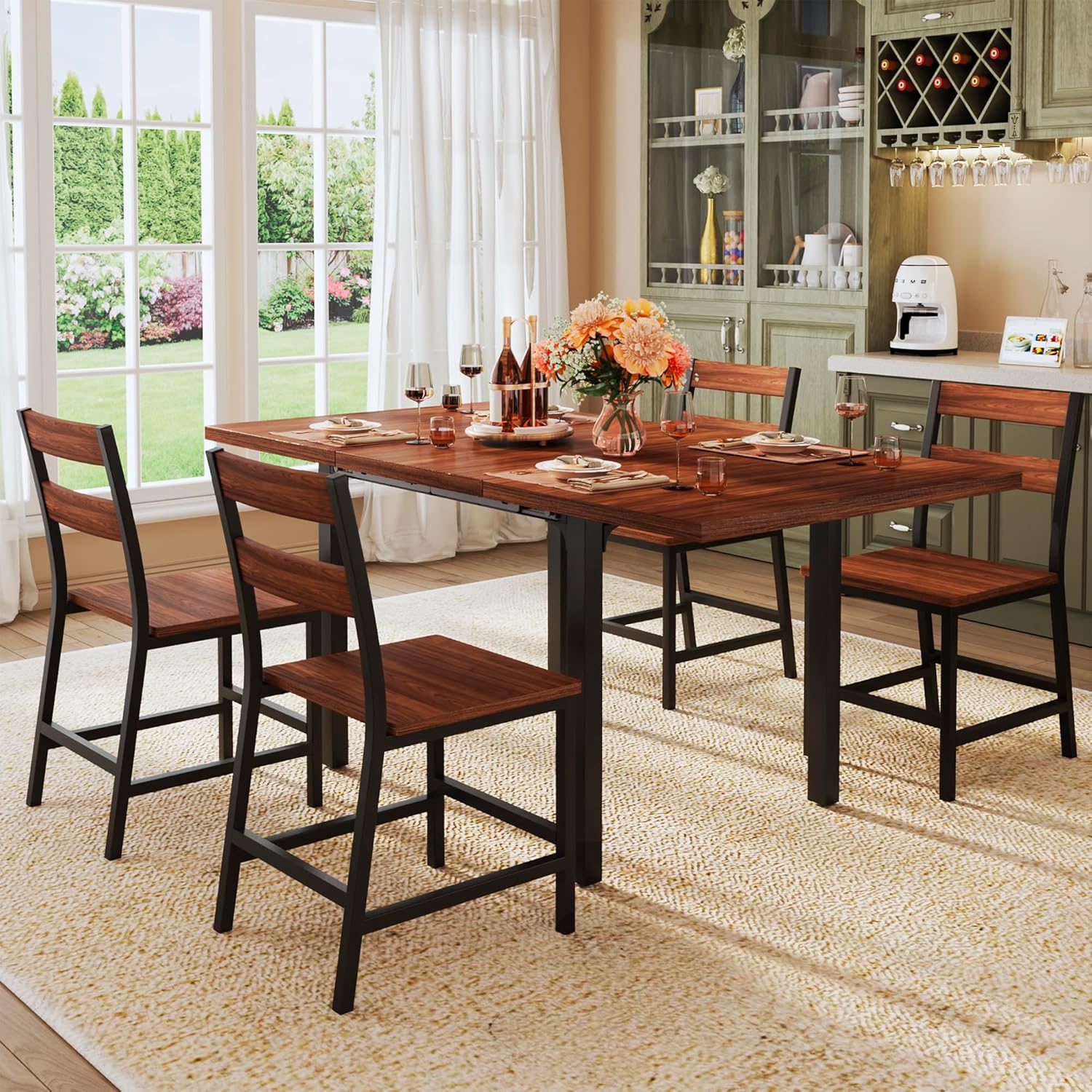 Dining Table Set for 4 Extendable Kitchen Table Set Curved Backrest Dining Room Table