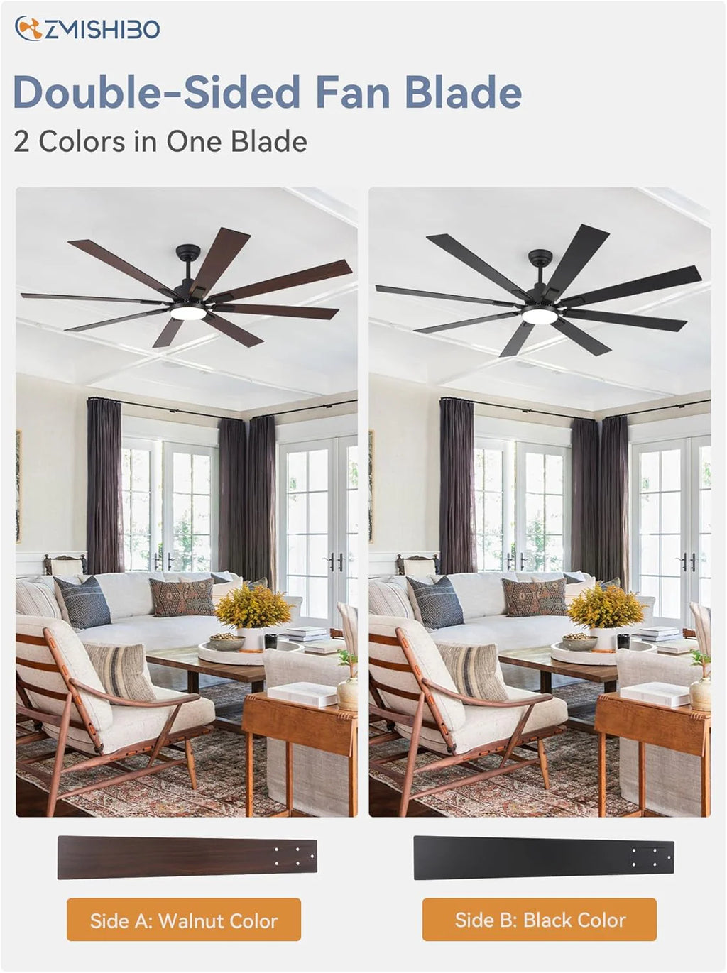 ZMISHIBO 72 inch Large Ceiling Fans with Lights and Remote, Indoor/Outdoor Black Modern Ceiling Fan for Kitchen Living Room Patio, 6 Speed Reversible Quiet DC Motor, 3 CCT, Dual Finish 8 Blades