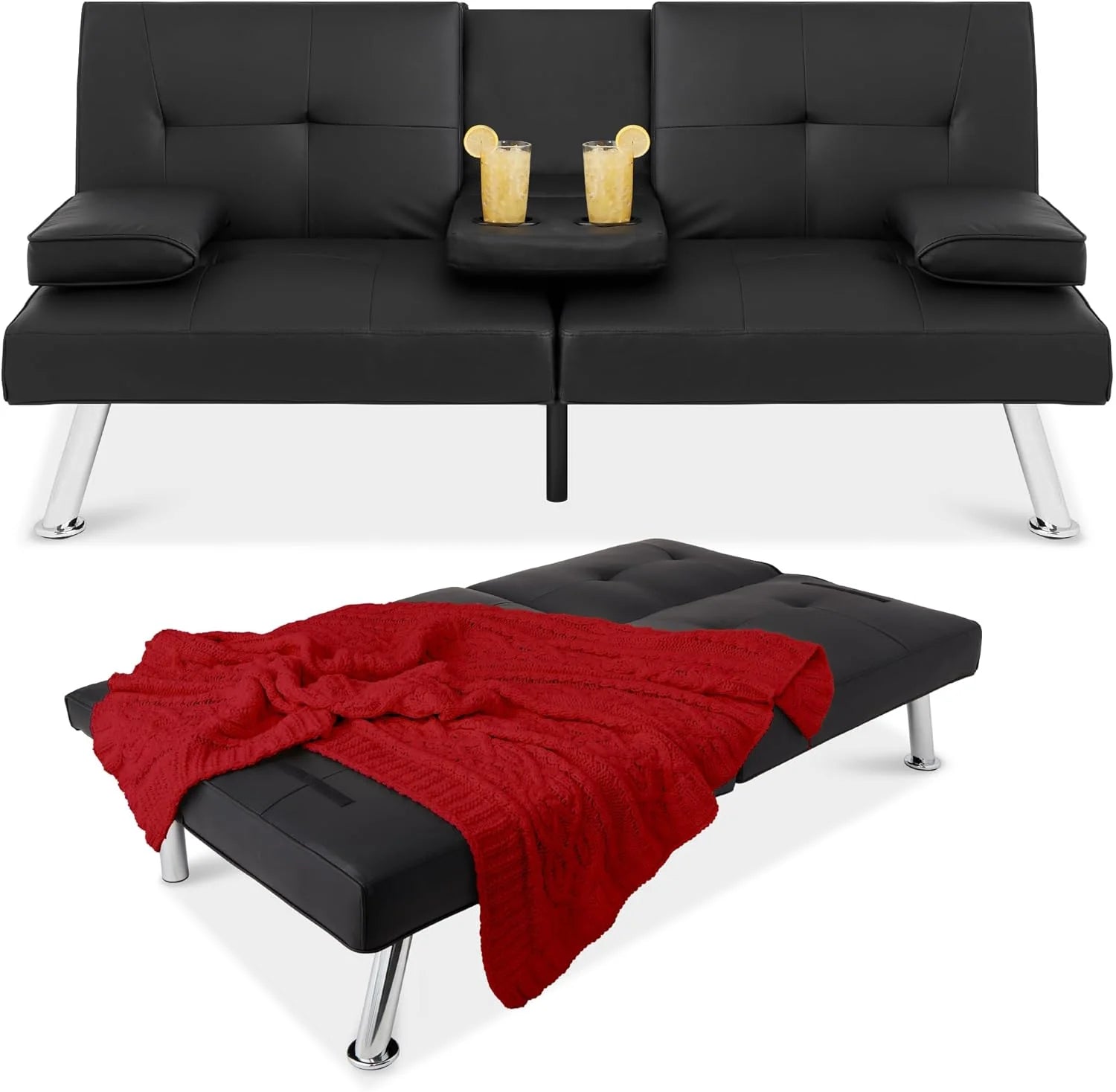 Best Choice Products Faux Leather Upholstered Modern Convertible Futon, Adjustable Folding Sofa Bed