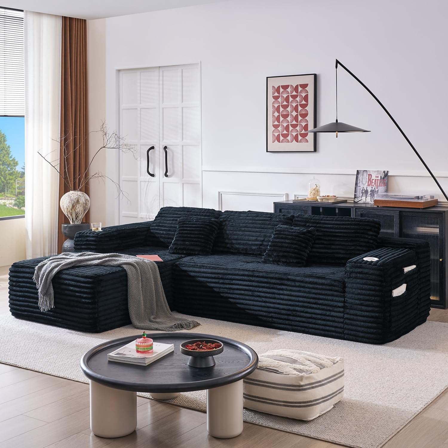 Cloud section sofa with L-shaped recliner modern modular sofa built-in cup holder