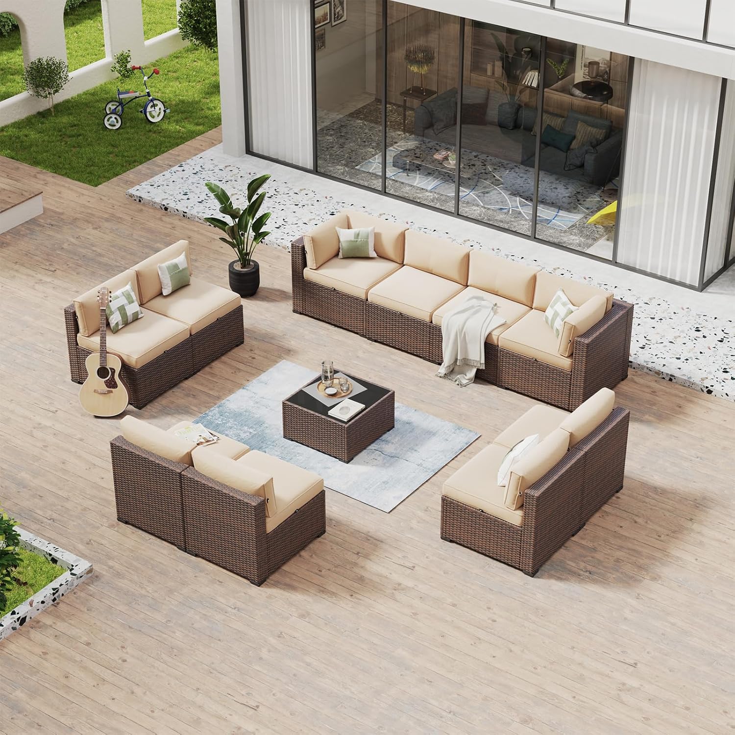 Aoxun 8 Piece Patio Furniture Set with 44?Fire Pit Table Wicker Rattan Outdoor Sectional Sofa Set with Coffee Table and Thickened Cushions, Beige (Waterproof Cover Included)
