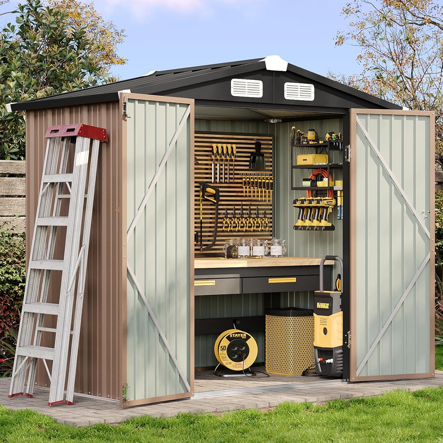 Aoxun 6.2x4 FT Shed Outdoor Storage Shed with Lockable Doors Sloping Roof Metal Garden