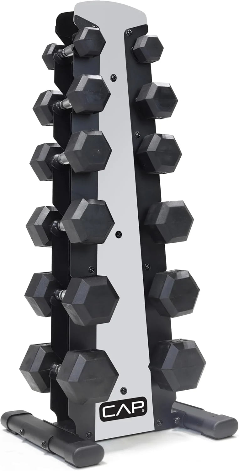 CAP Barbell Rubber Coated Dumbbell Weight Set with Vertical Rack | 100 lb, 150 lb, and 210 lb Options