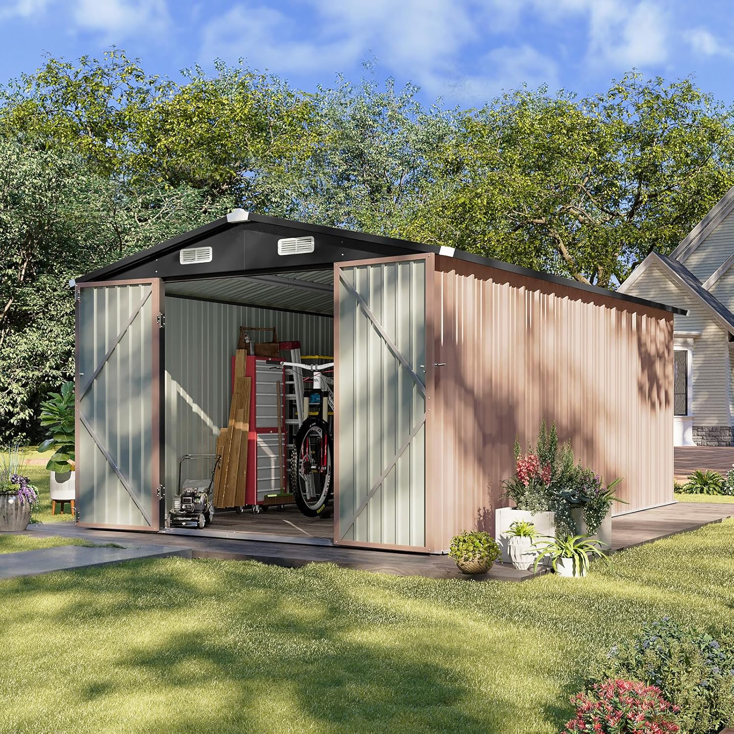 Aoxun 10 x 12 ft Outdoor Storage Shed with Double Hinged Door Utility Garden Shed