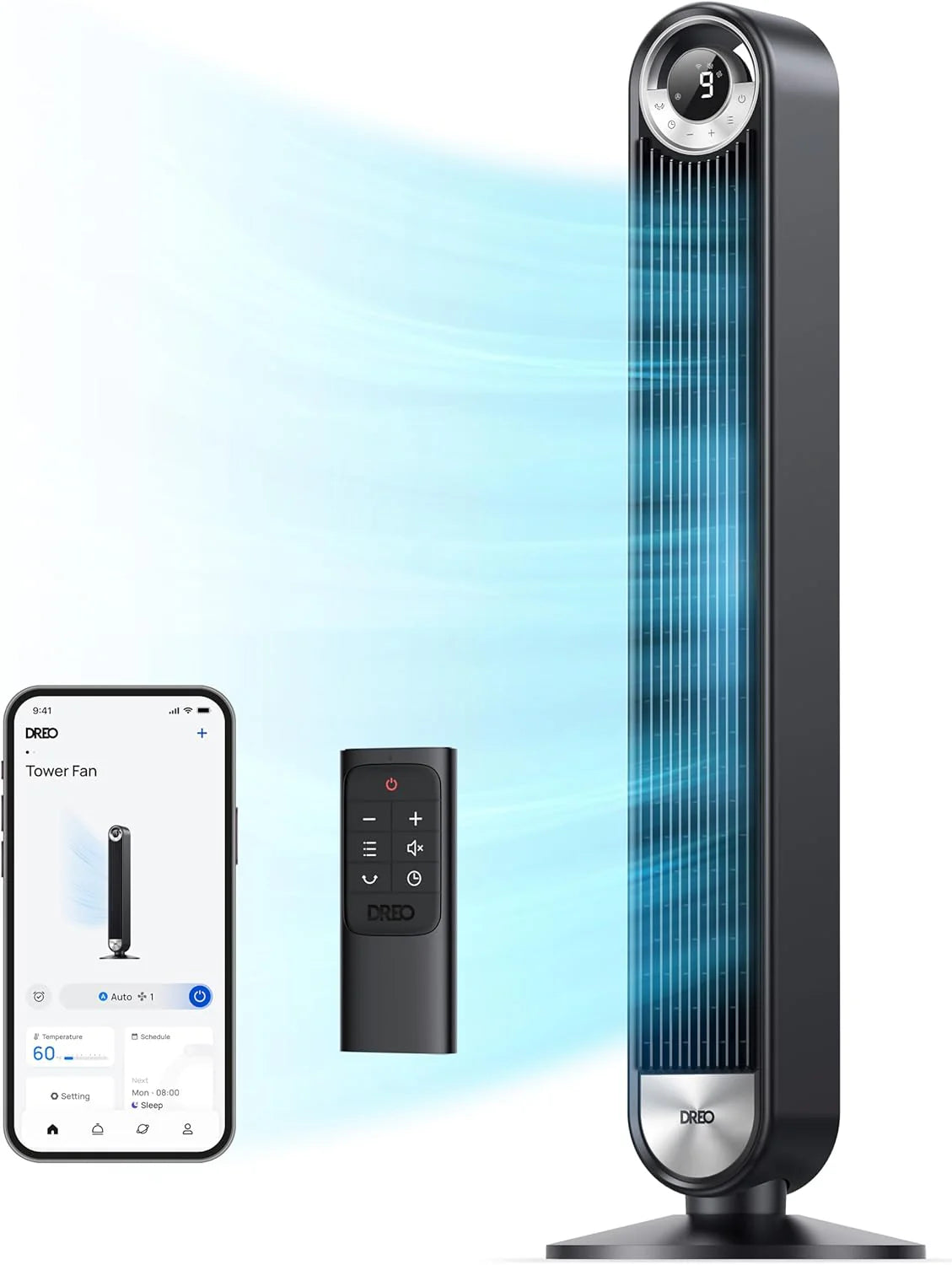 DREO Tower Fan for Bedroom, 90�� Oscillating Standing Fan with 28ft/s Velocity, 20dB Quiet for Sleep, DC Motor, 9 Speeds, 4 Modes, 12H Timer, Voice & APP & Remote Control, 42 Cruiser Pro T2 S