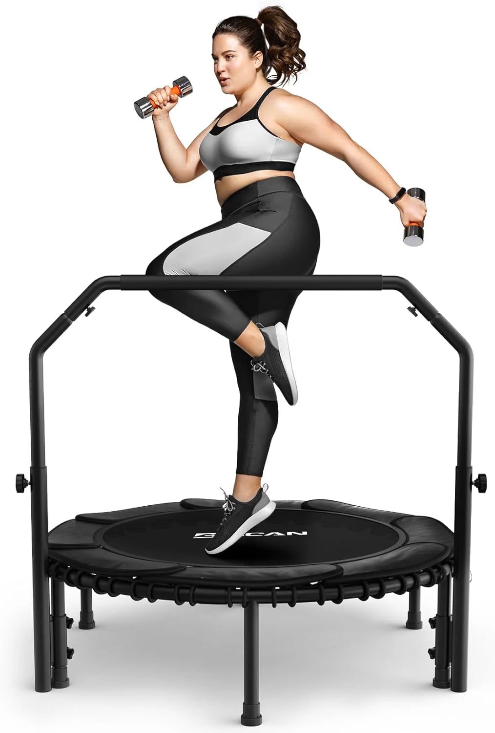 BCAN 450/550 LBS Foldable Mini Trampoline, 40/48 Fitness Trampoline with Bungees, U Shape Adjustable Foam Handle, Stable & Quiet Exercise Rebounder for Adults Indoor/Outdoor Workout