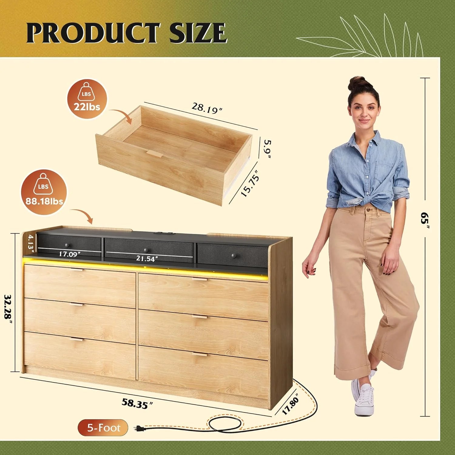 9 Drawer Led Dresser for Bedroom, 58.35'' Wide Wood Dresser Storage Organizer with Power Outlets for 65'' TV, Dressers with Open Shelves