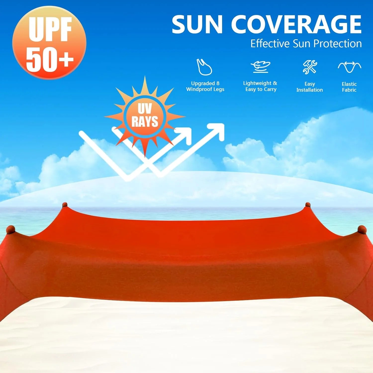 Beach Tent Sun Shelter, 10 x 10 FT Beach Canopy Tent Sun Shade Heavy Duty, UPF50+ Beach Tent Canopy with 8 Sandbags & 4 Stability Poles, Outdoor Beach Shade Canopy for Camping and Fishing, Blue