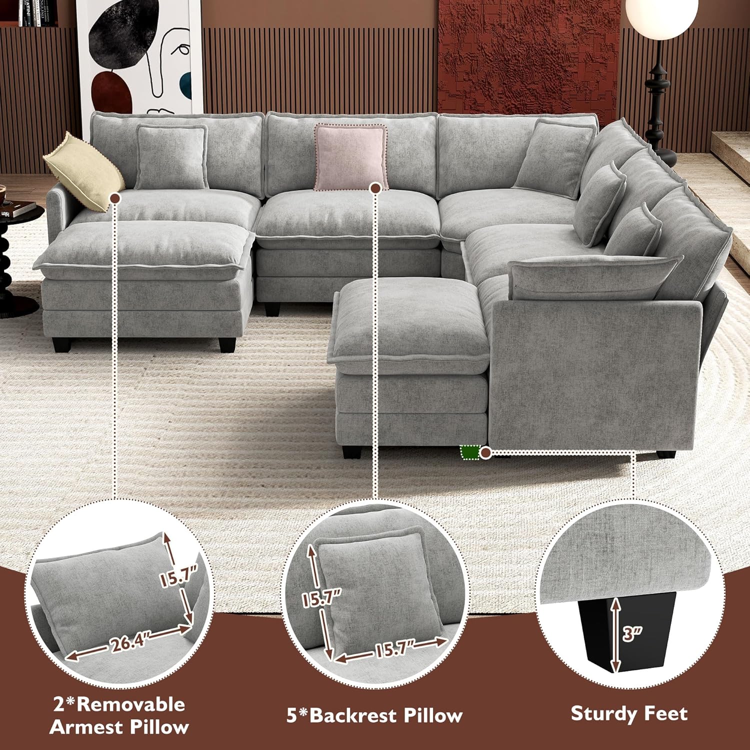 ihanherry 146-inch U-shaped modern sofa modular area cloud sofa