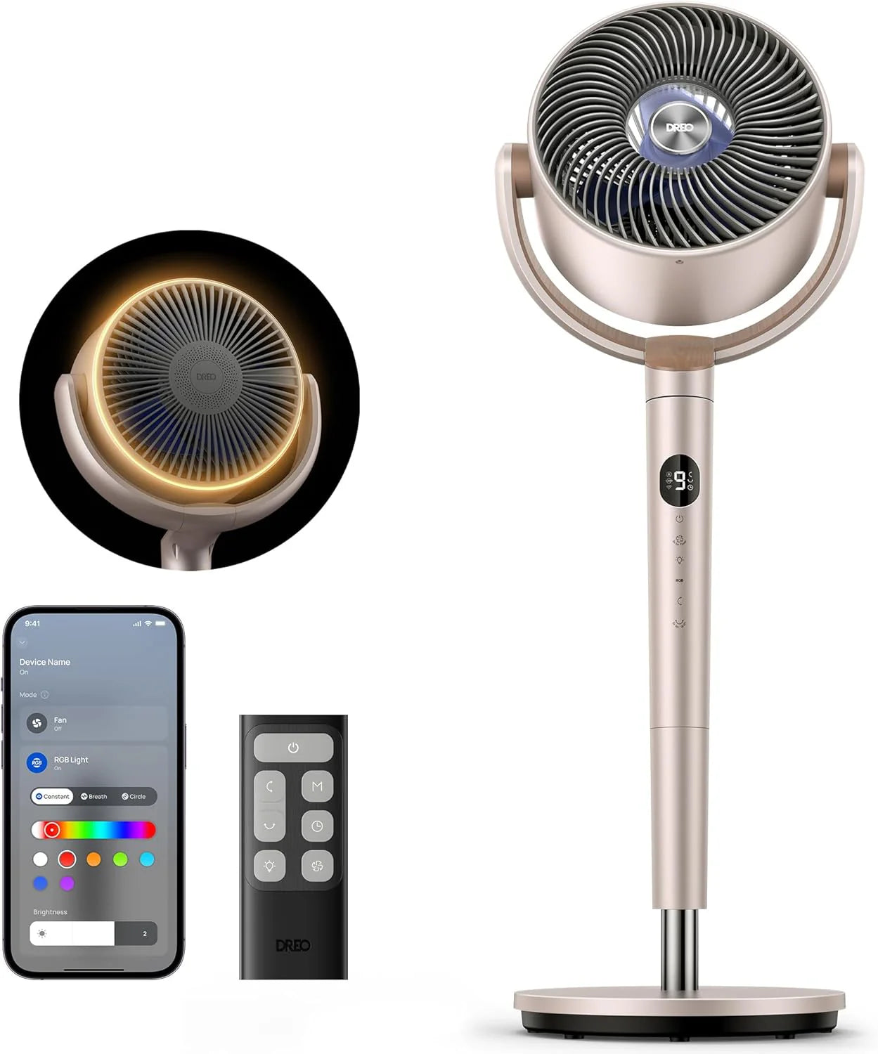 DREO Smart Fan for Bedroom, 120° +120° Omni-Directional Oscillating Fans, 100ft Quiet Pedestal Fan with RGB Light, 9 Speeds, 6 Modes, 20dB, 8H Timer, Wi-Fi/Voice/Alexa, 37-42 Floor Fans with Remote