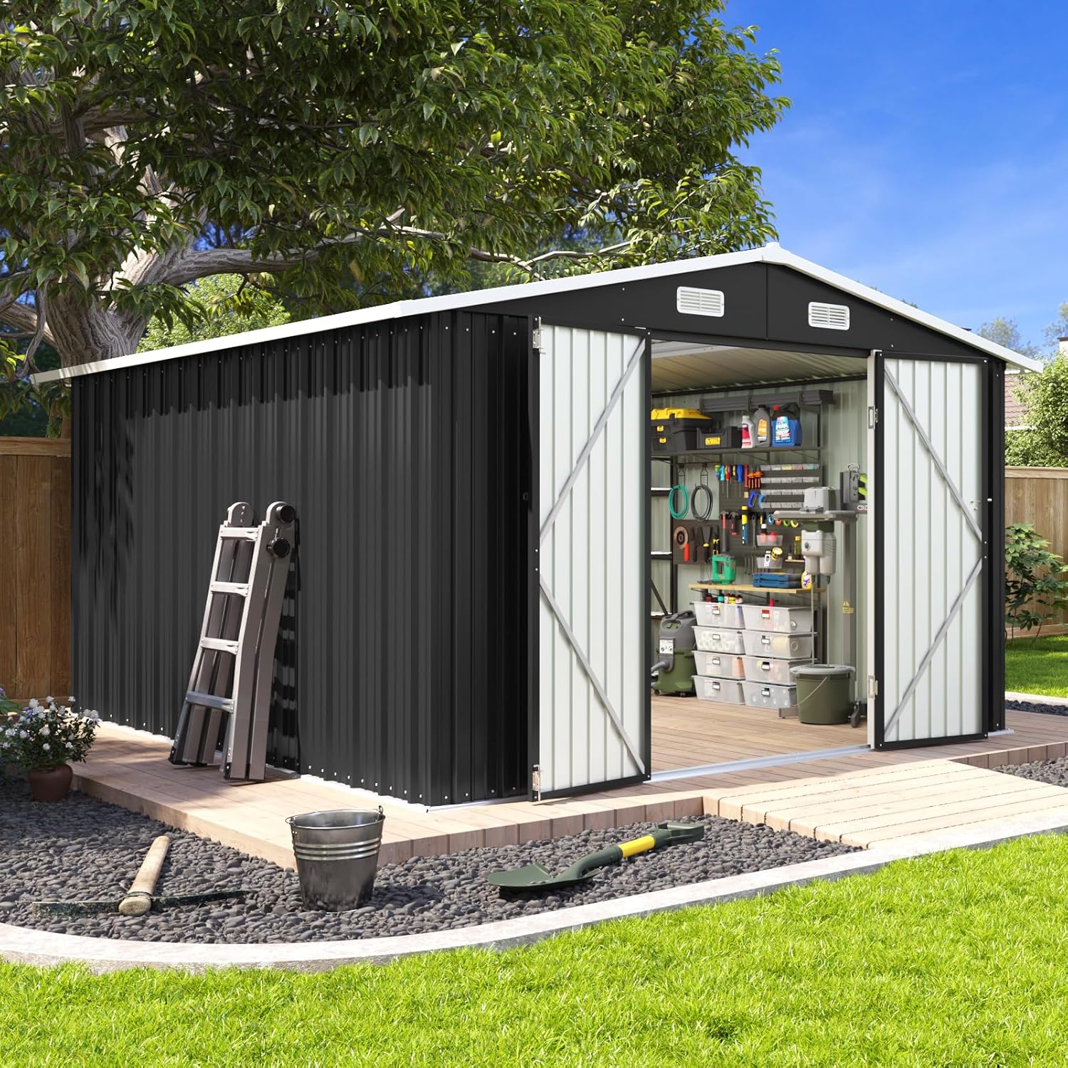 Aoxun 10 x 12 ft Outdoor Storage Shed with Double Hinged Door Utility Garden Shed