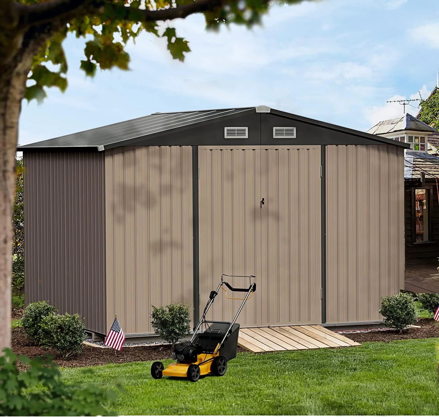 Aoxun 10 x 12FT Outdoor Storage Shed with Double Hinged Large Door Utility Garden Shed